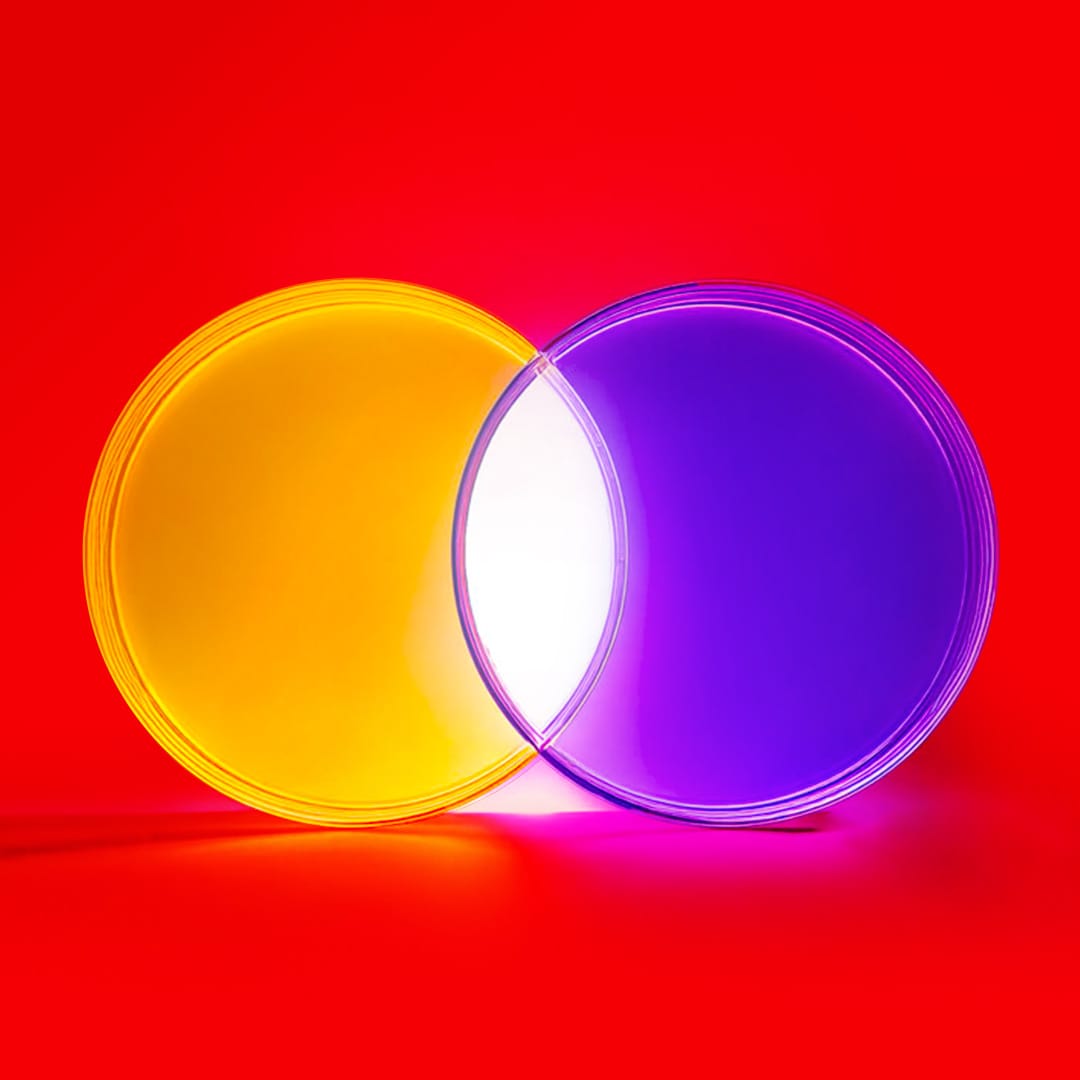 Bulatan kuning dan ungu dengan kawasan bersilang putih di tengah