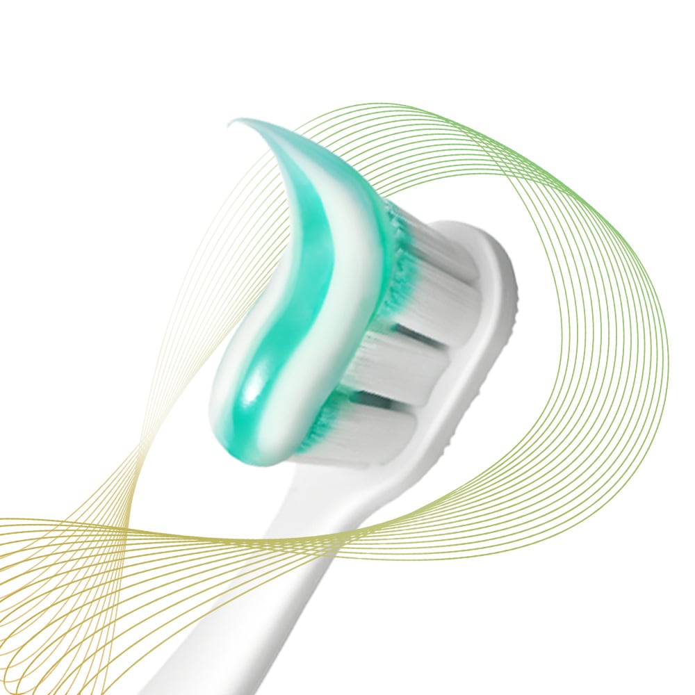 Kepala berus gigi Colgate Total dengan pes ubat gigi disapu atasnya, dikelilingi oleh sinar pencegahan warna-warni