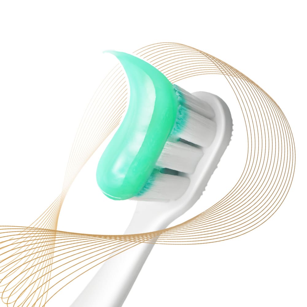 Kepala berus gigi Colgate Total dengan pes ubat gigi disapu atasnya, dikelilingi oleh sinar pencegahan warna-warni